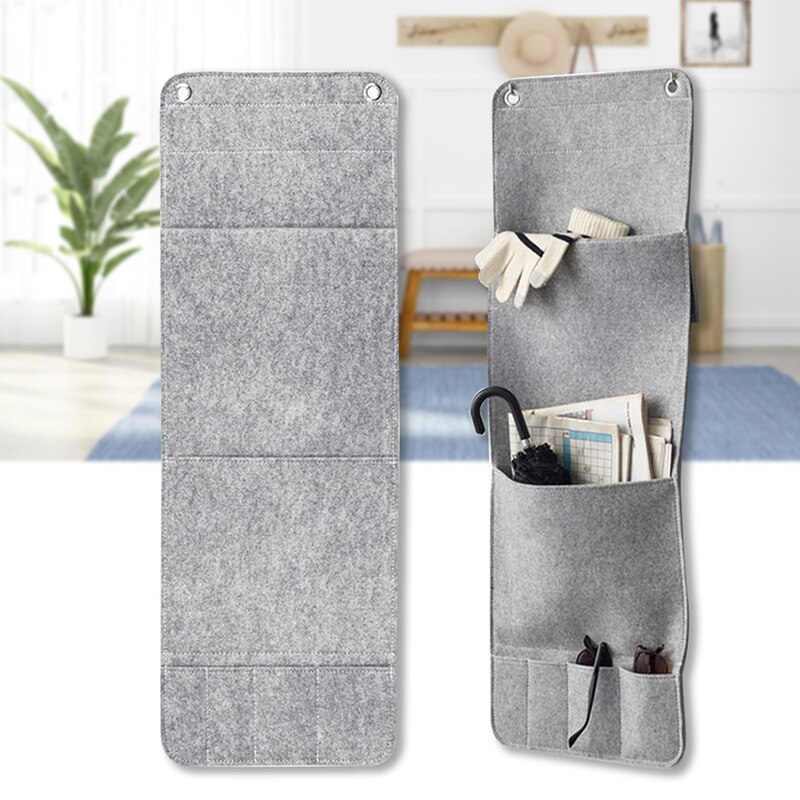 Pochette De Rangement De Chevet En Feutre épais – Organisateur Mural 5 Poches – Gris, Pour Téléphone, Lunettes Et Magazines