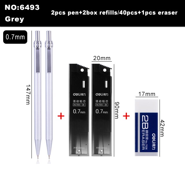 Deli Metal Mechanical Pencil 0.5 0.7mm Lead 2B Drawing Writing Activity Pencils For Artist School And Office Stationeries: 6493-Grey-0.7mm