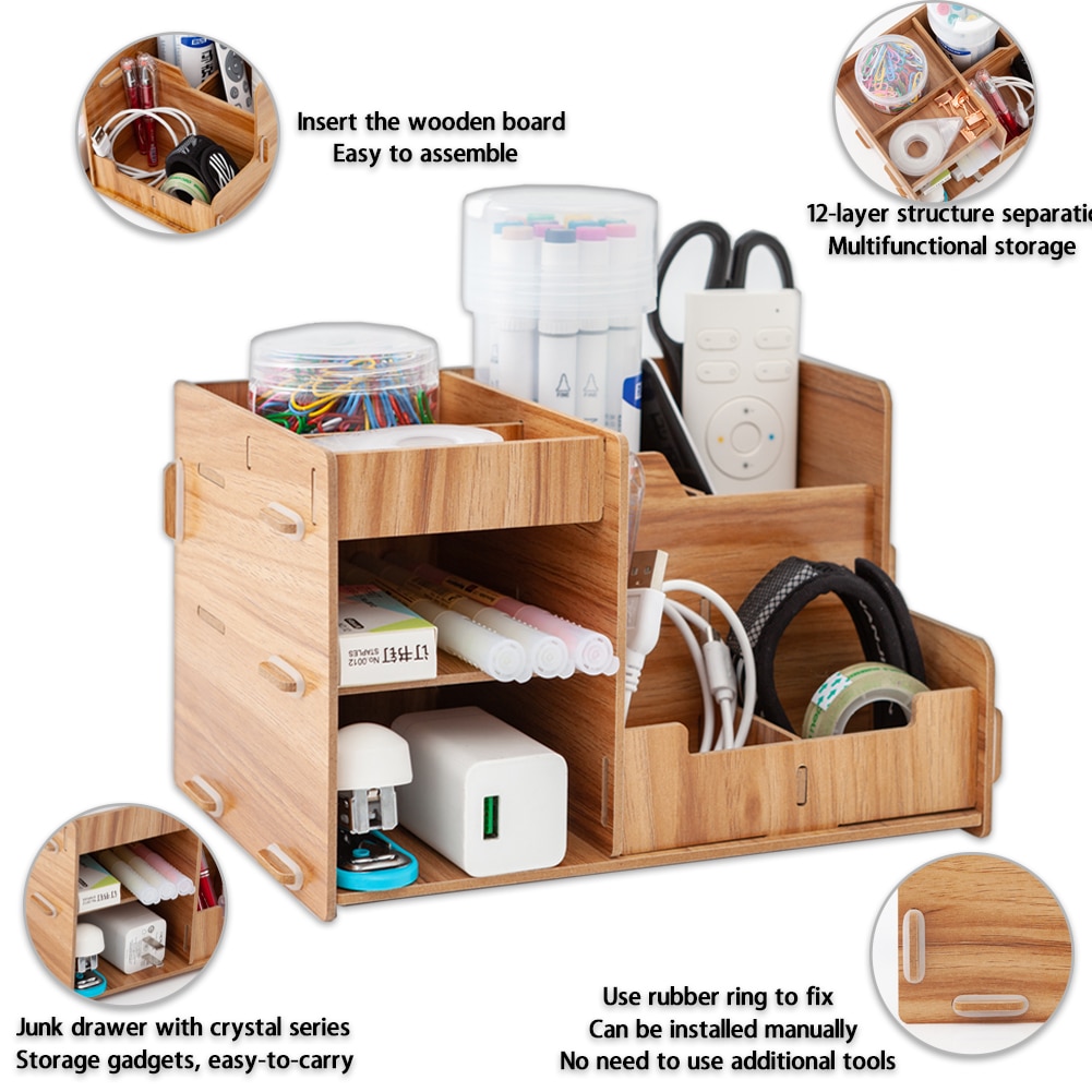 Wooden Office Desk Organizer DIY Document File Multifunction Accessories Storage Magazine Book Shelf pen pencil holder
