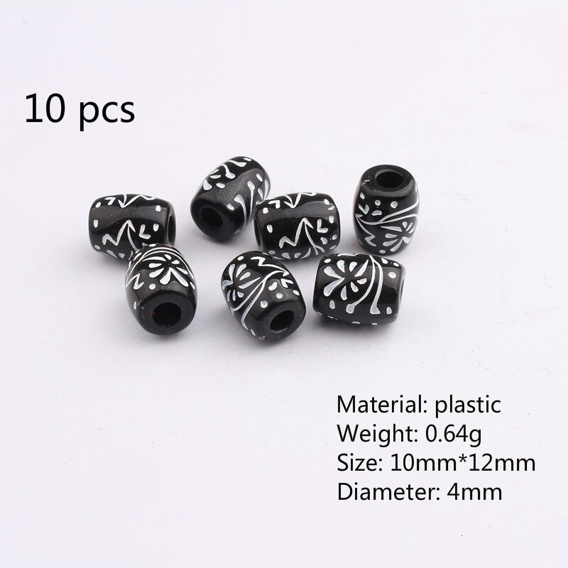 10 Stks/set Pruik Haar Ring Stijl Kralen Zwarte Print Plastic Groot Gat Kralen Afrikaanse Geweven Decoratieve Kralen Kralen Voor Vlechten: Default Title