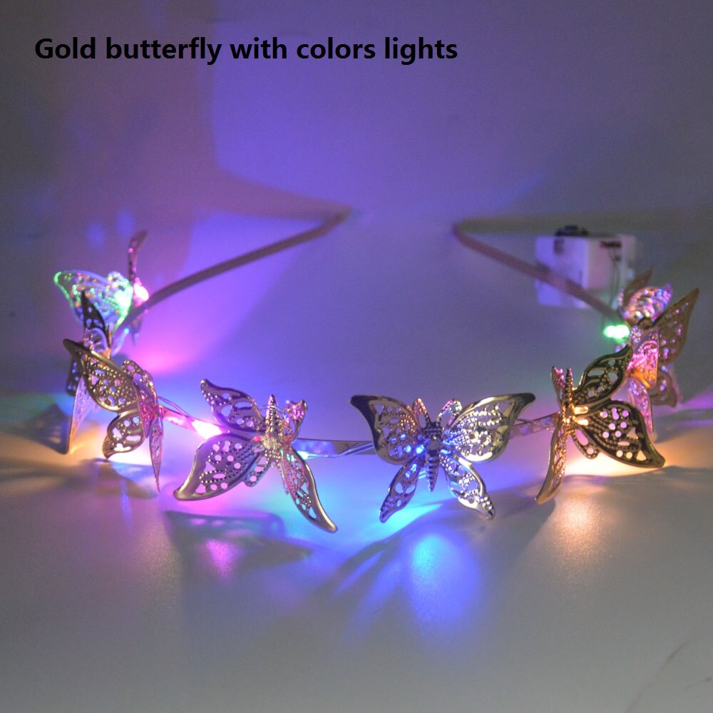 LED Light Up Blinking Butterfly Headband Hollow Metal Hairband Alloy Tiara Headpiece Hair Accessories for Women Girls Gold: 3