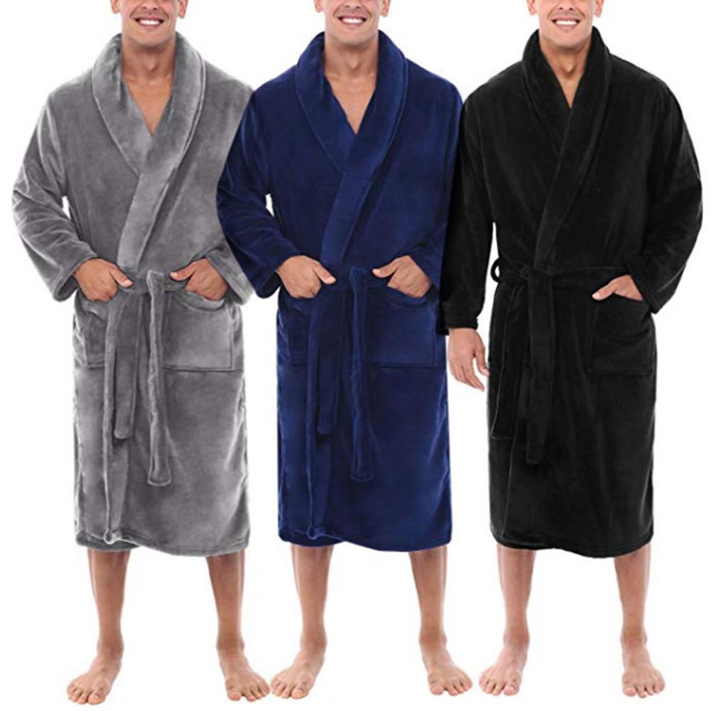 Men Shawl Collar Fleece Solid Color Long Bath Robe Home Gown Sleepwear men clothing пижама мужская