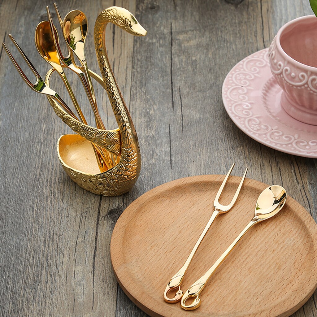 Base de cisne romántica, 7 piezas, vajilla de acero inoxidable para ensalada, postre, fruta, tenedores, cucharas de café, vajilla de cena, herramientas de cocina