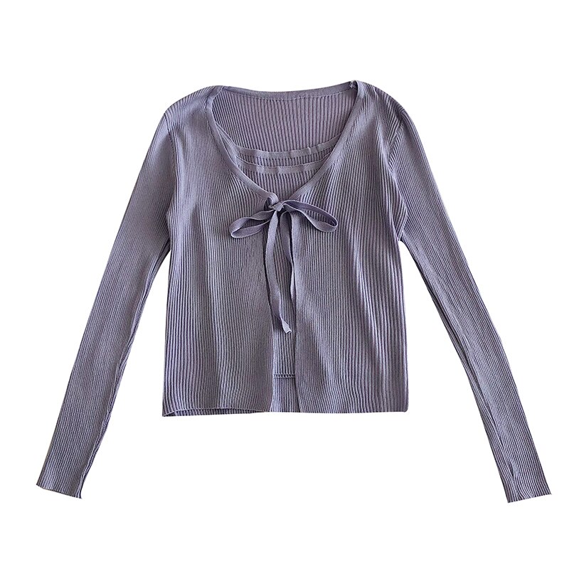 Neploe, conjuntos de cárdigan de punto para mujer, pajarita de manga larga, puntada abierta + básico ajustado, Chaleco Corto con tirantes, trajes de verano 4C691