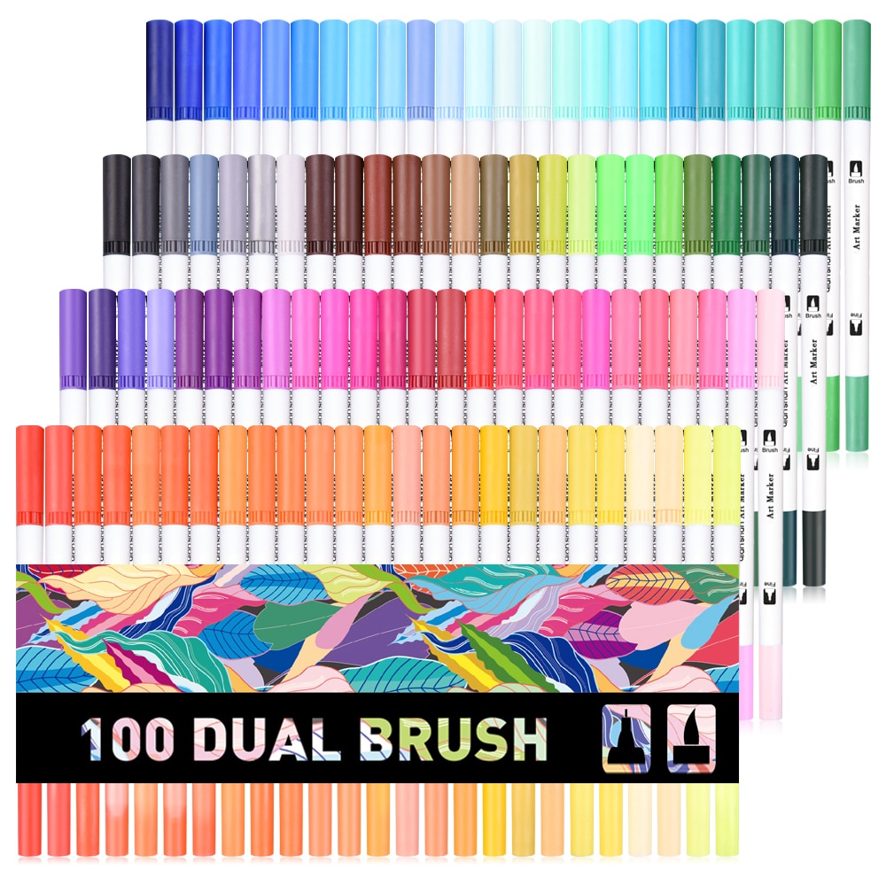 100 Kleuren Marker Pennen-Dual Tip Borstel Pennen 1mm-2mm met Fineliners 0.4mm Art Markers voor Volwassen Kleurboeken, tekening