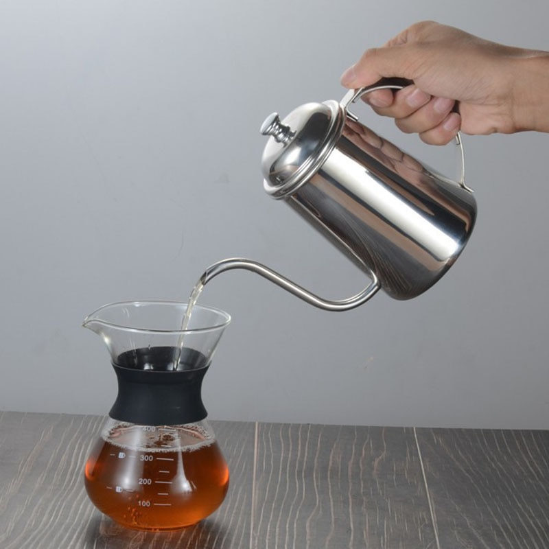 Lang mund hånd stempelkande fin mund gryde 650ml tykke 304 rustfrit stål dryp kaffekande filter brygning tekande kedel