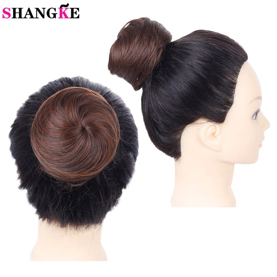 Shangke jenter brunt blondt bollehår chignon syntetisk smultringrulle hårstykker med høy temperatur fiber for kvinner