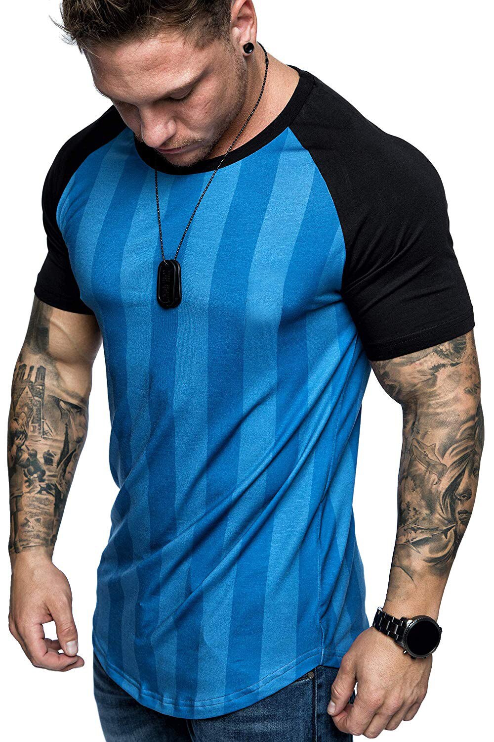 Heren populair korte mouwen t-shirt verticale streep retro ronde hals manchet slim t-shirt heren: Xxxl / Koningsblauw