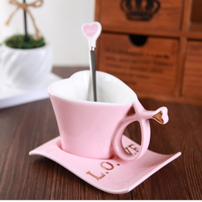 LOVE Heart Shape Lover Coffee Mug Ceramic Milk Mug with Plate Couple's Morning Tea Cup Office Water Cup for Girls: B 1
