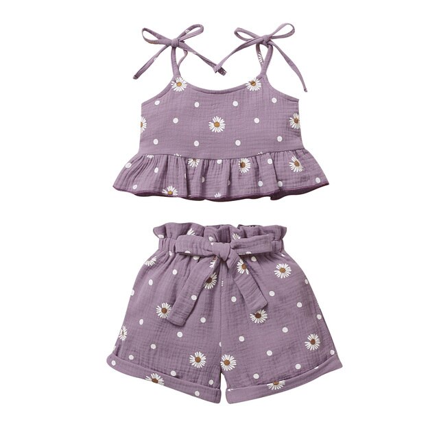L'été 2-6Years Bambin Filles Tenues Sans Manches Noeud papillon Sangle Imprimé Marguerite Hauts + Ensemble Short Et Haut Vêtements: Violet / 3T