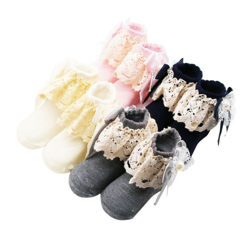 4 kleuren Leuke Meisje Baby Sokken Enkel Fancy Lace Ruffle Stroken Prinses Katoen Schoonheid Korte Sokken
