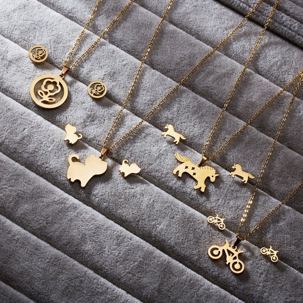 RINHOO – ensemble de bijoux en acier inoxydable pour femme, collier et boucles d'oreilles, motif chat, cheval, fleur Rose, or, à la