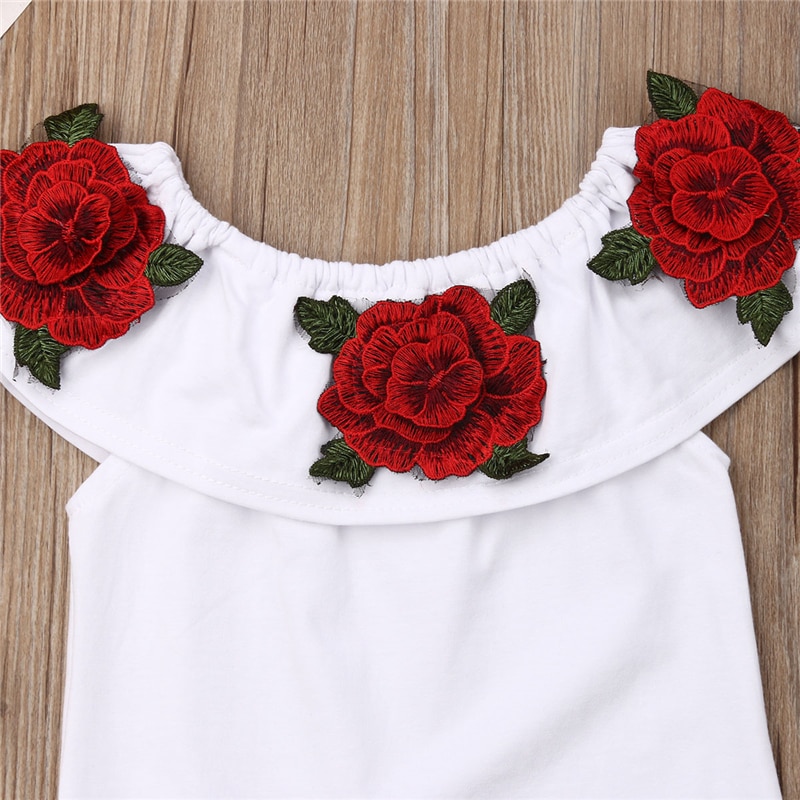 Kids Clothes Girls Rose Flower Off Shoulder Tops+Denim Shorts Baby Girl Summer Outfits Toddler 2PCS Clothes