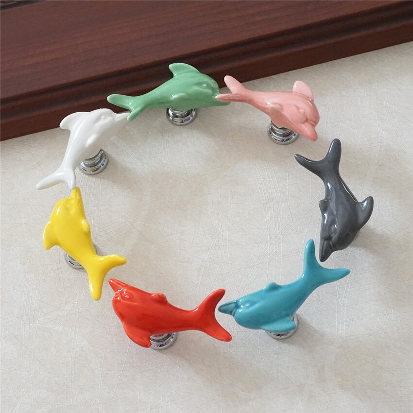 Colorful Dolphin Knobs Ceramic Drawer Knob Pulls Kids Dresser Handle Pull Kitchen Cabinet Door Knob Child Blue Green