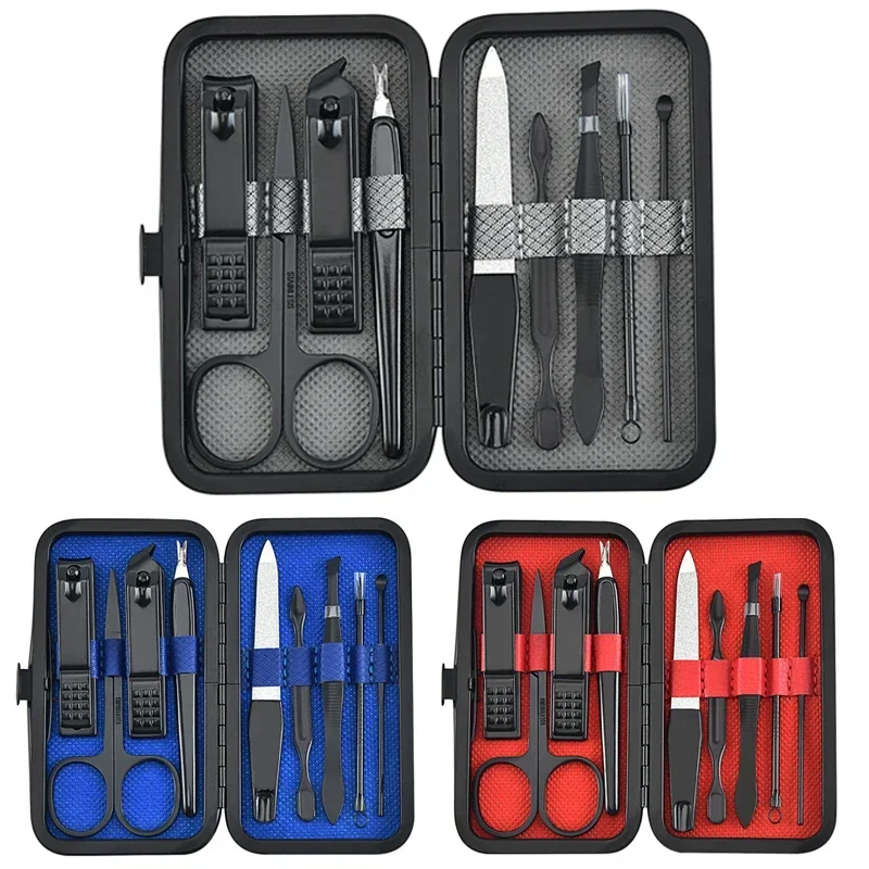 Set van 9 nagelknippers met leren etui, trimmer, pedicureverzorgingsset, manicureset, nagelverzorgingsproducten