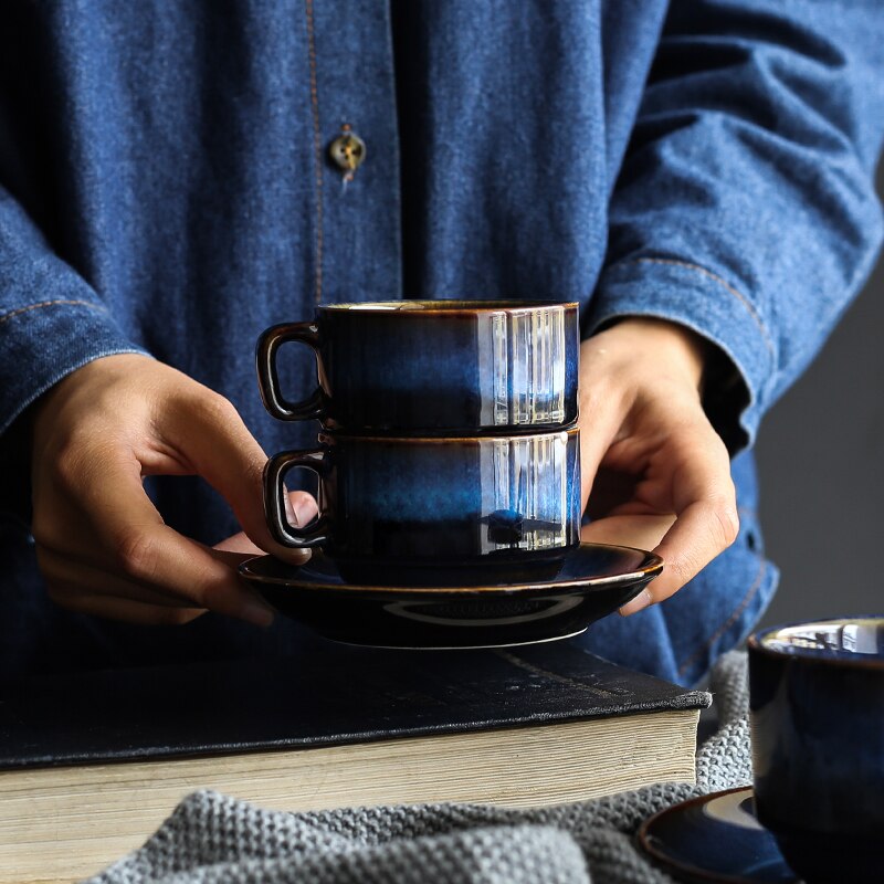 Europeisk Kaffekopp & Tebricka Set - Keramik - 2 Delar - Ugnändringsdesign - Miljövänlig