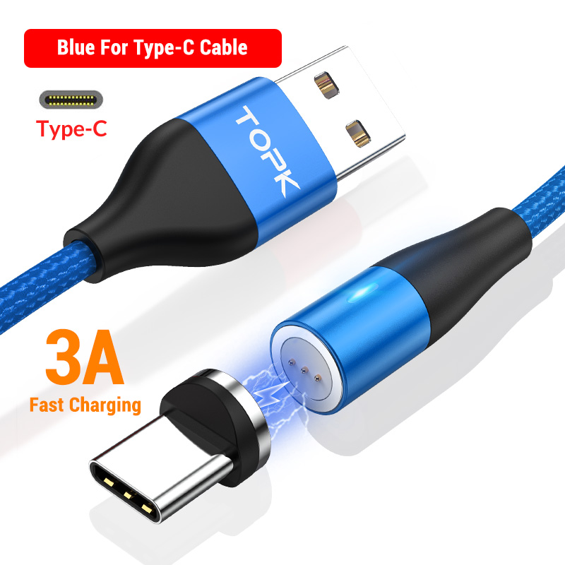 Topk AM60 3A Snel Opladen Led Magnetische Micro Usb Type C Kabel Voor Iphone Xs Max 8 7 6 Telefoon kabels: Type C Cable Blue
