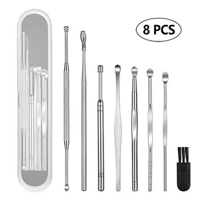 Newly Earwax Removal Cleaner Tool Kit 8-Piece Earplug Kit with Storage Box Stainless Steel Spiral Ear Curette Set 19ing