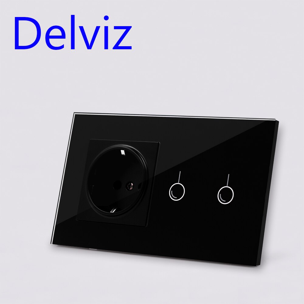 Delviz EU Standard Wall Switch Socket, 2Gangs 1Way/2Way,Model 146,mains jack,Home Touch Screen Light Switch, Crystal Glass Panel: Black