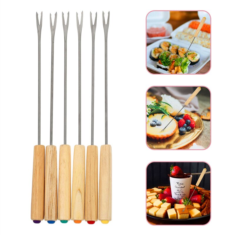 6Pcs Wood Handle Chocolate Fork Stainless Steel Cheese Fondue Forks Fork Heat Resistant Pot Fruit Dessert Fork Kitchen Tools