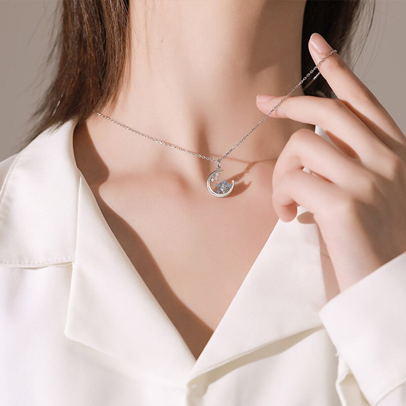 Muzhi Mode Eenvoudige Sneeuwvlok Maan Hanger Ketting Voor Vrouwen Titanium Stalen Ketting Zirkoon Ketting Vrouwelijke Bruiloft Sieraden