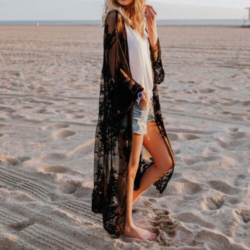 Vrouwen Beach Cover Up Beach Dress Chiffon Kant Kimono Cover Up Boho Casual Lange Mouw Vest Monokini Baden Kanten Jurk