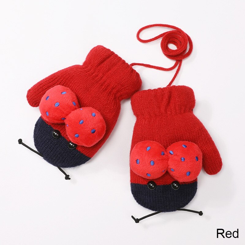 REAKIDS Cute Cartoon Children Gloves 2-5 Years Old Winter Knit Baby Mittens Velvet Thick Children Kids Keep Finger Warm: red
