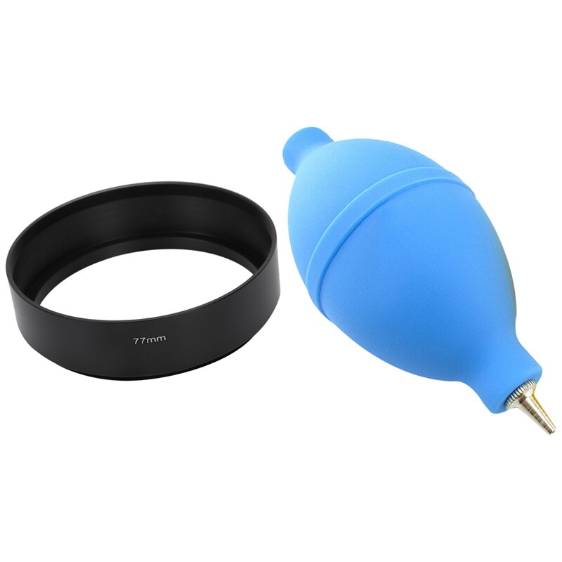 2 uds accesorios de cámara: 1 Uds 1 Uds. Tornillo de montaje 77mm Hood & 1 Uds herramienta de limpieza de goma soplador de aire y polvo Ball