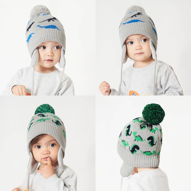 1Pc Kleinkind Baby Jungen Karikatur Dinosaurier Jacquard Mütze Winter Warme Gestrickte Hütte Earflap freundlicher Ohr Schutz Kappe freundlicher