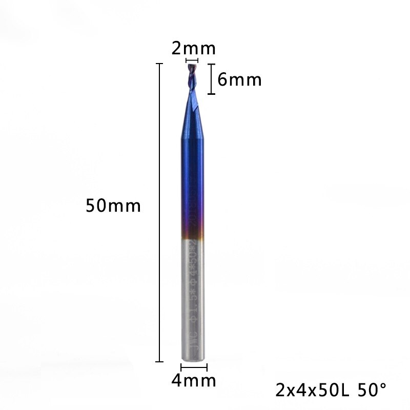 XCAN 1pc 1-12mm Nano bleu revêtement 2 flûte fraise en bout plat 50 degrés carbure fraise en bout CNC routeur fraise en bout: 2x4x50L