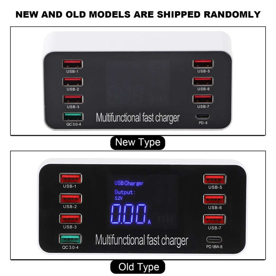 8-  qc3.0 port-usb-ladegerät mit led-digitalanzeige , 60w pd-schnellladefunktion 5v/3.4a 3.0- usb-ladestationen