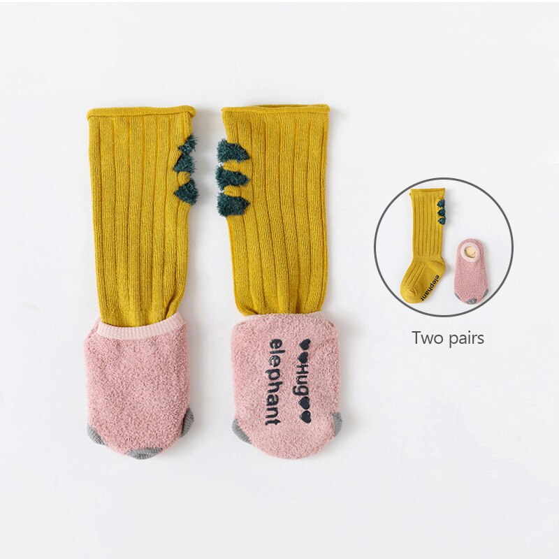 2 Pair/set Cartoon Dinosaur Baby Socks Winter Autumn Non Slip Warm Cotton Kids Socks For Boys Girls 0-12M: yellow
