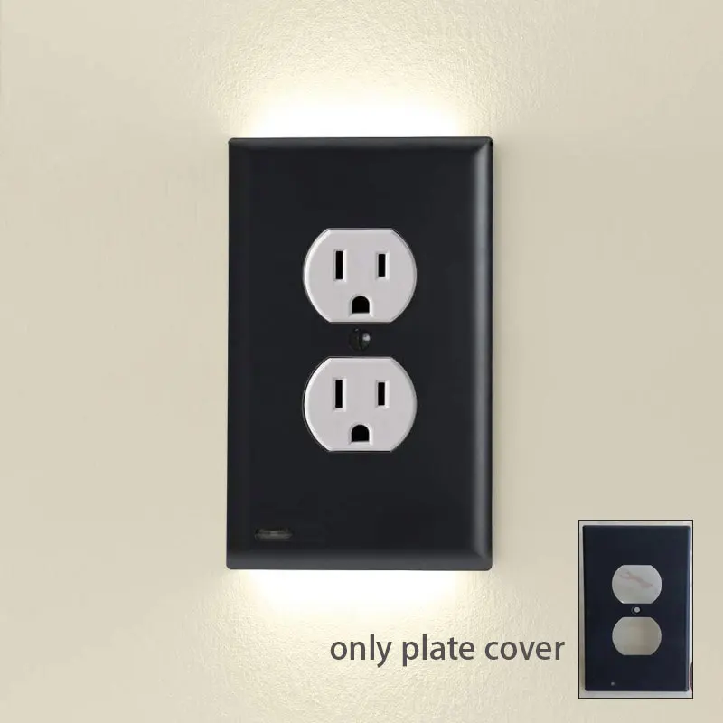 Couvercle de prise électrique Duplex, plaque murale de prise enfichable avec veilleuses LED haut et bas, capteur automatique: Gris foncé