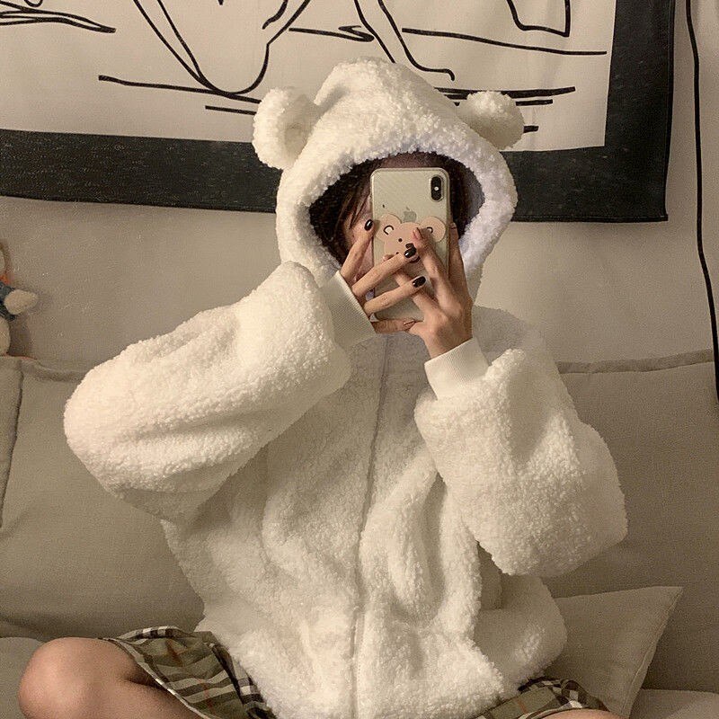 Nicemix varm fleecejakke til kvinder solid lodnet lynlås hættetrøjer teddy hættetrøje femme jakke dame plus size hættejakke i plys