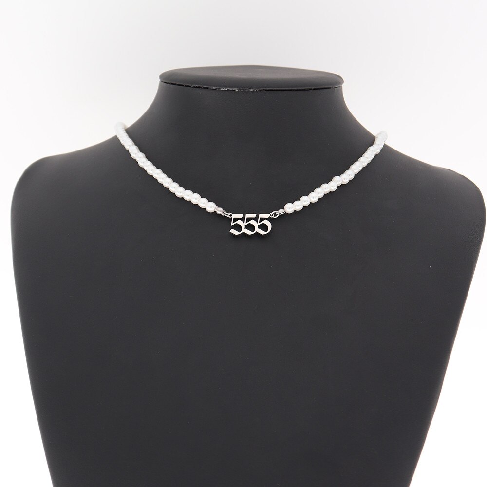Edelstahl Engel Anzahl Halskette Perle Kette Choker 444 999 888 222 555 666 333 777 Boho Schmuck Teufel Colar gold Halsketten: Silver 555 Pearl