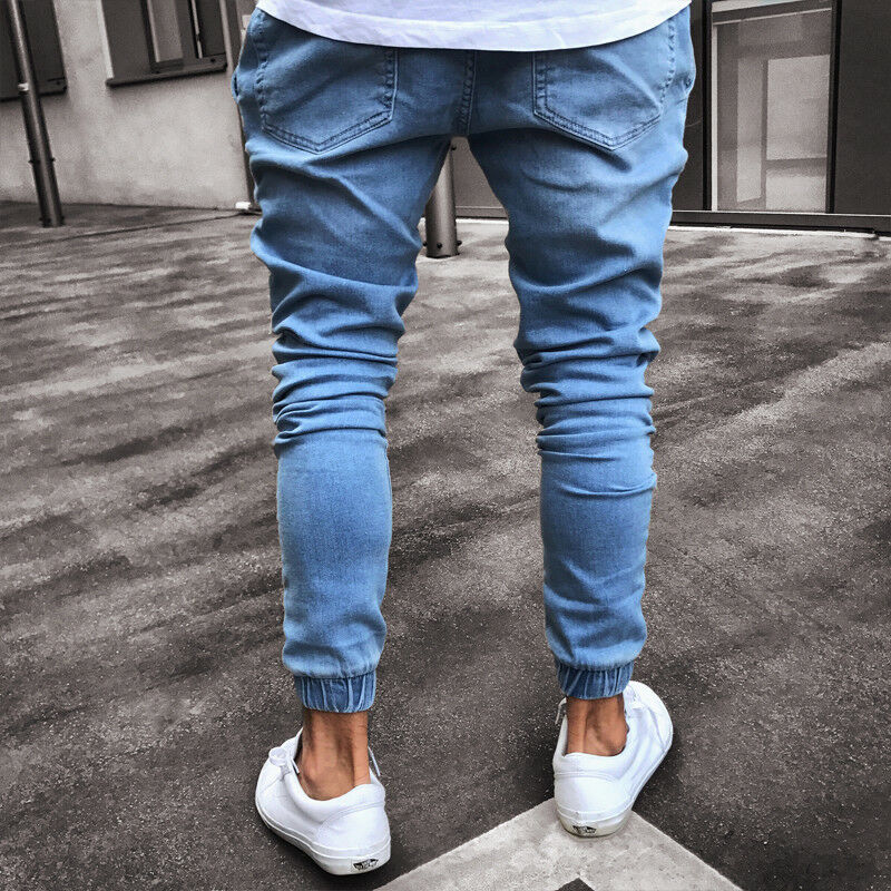 hommes déchiré jean moulant détruit effiloché mince coupe ajustée Stretch Denim pantalon fermeture éclair détruit effiloché jean mince Denim