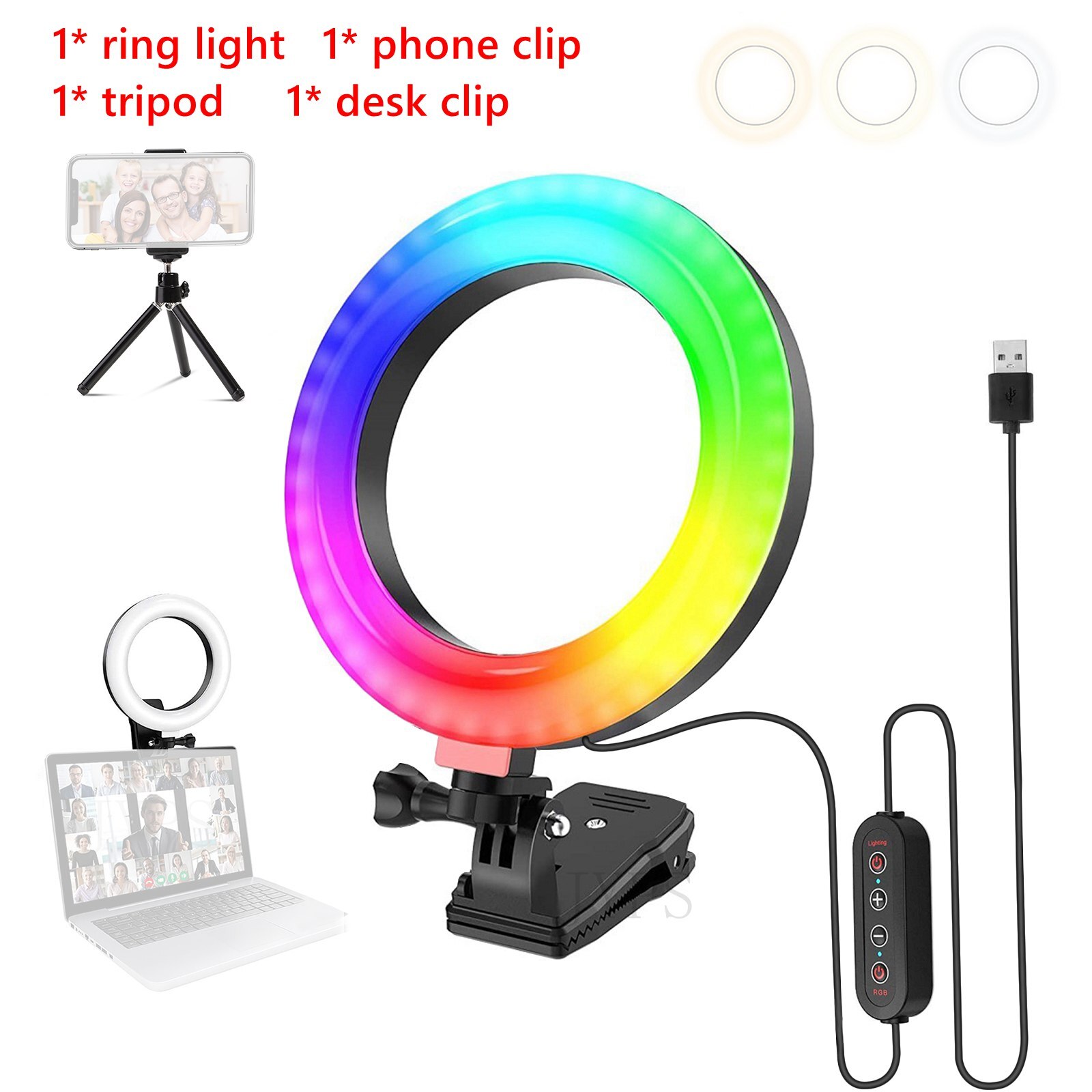 Trépied pliable pour téléphone avec miroir LED, support de téléphone pour maquillage en direct: White