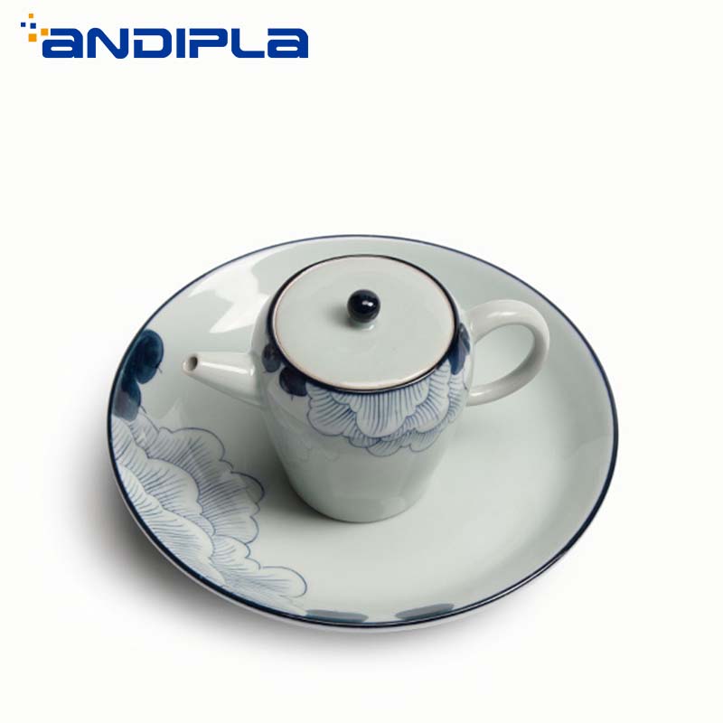 Jingdezhen blått och vitt porslin hibiskus tekanna underlägg grytlapp fat vintage keramik frukt nötter maträtt mat tallrik