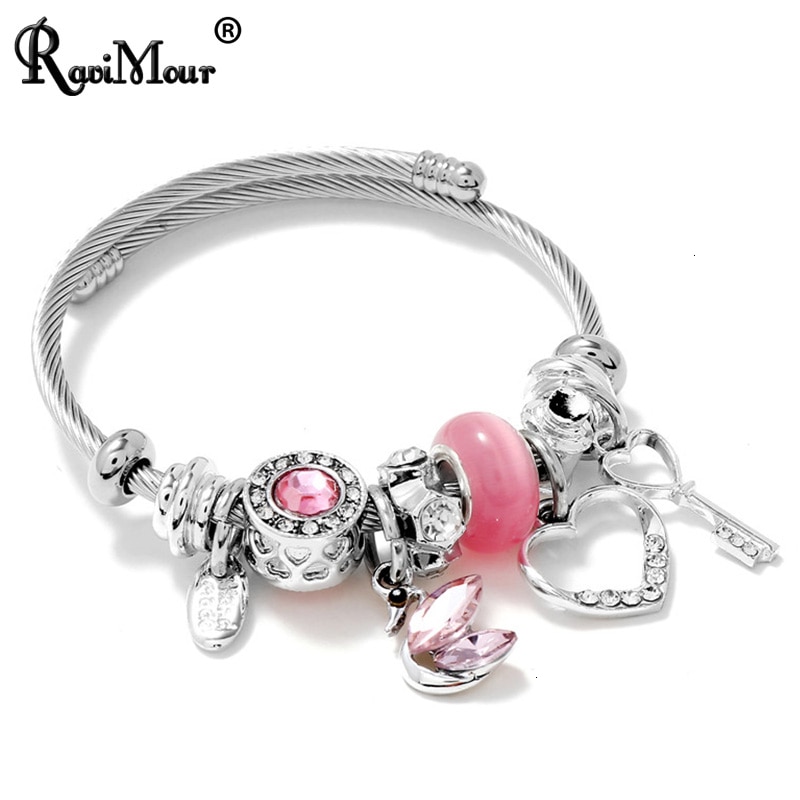 Crystal Swan Stainless Steel Bangles For Women Jewelry DIY Rhinestone Hollow Key Heart Love Cuff Bracelet Bangle