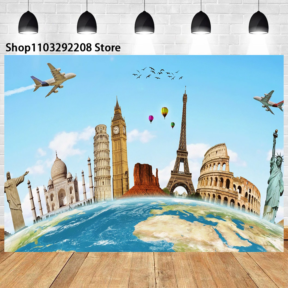 Adventure Travel Theme Famous Architecture Wedding Birthday Background Eiffel Tower Statue Of Liberty Map Photography Banner
