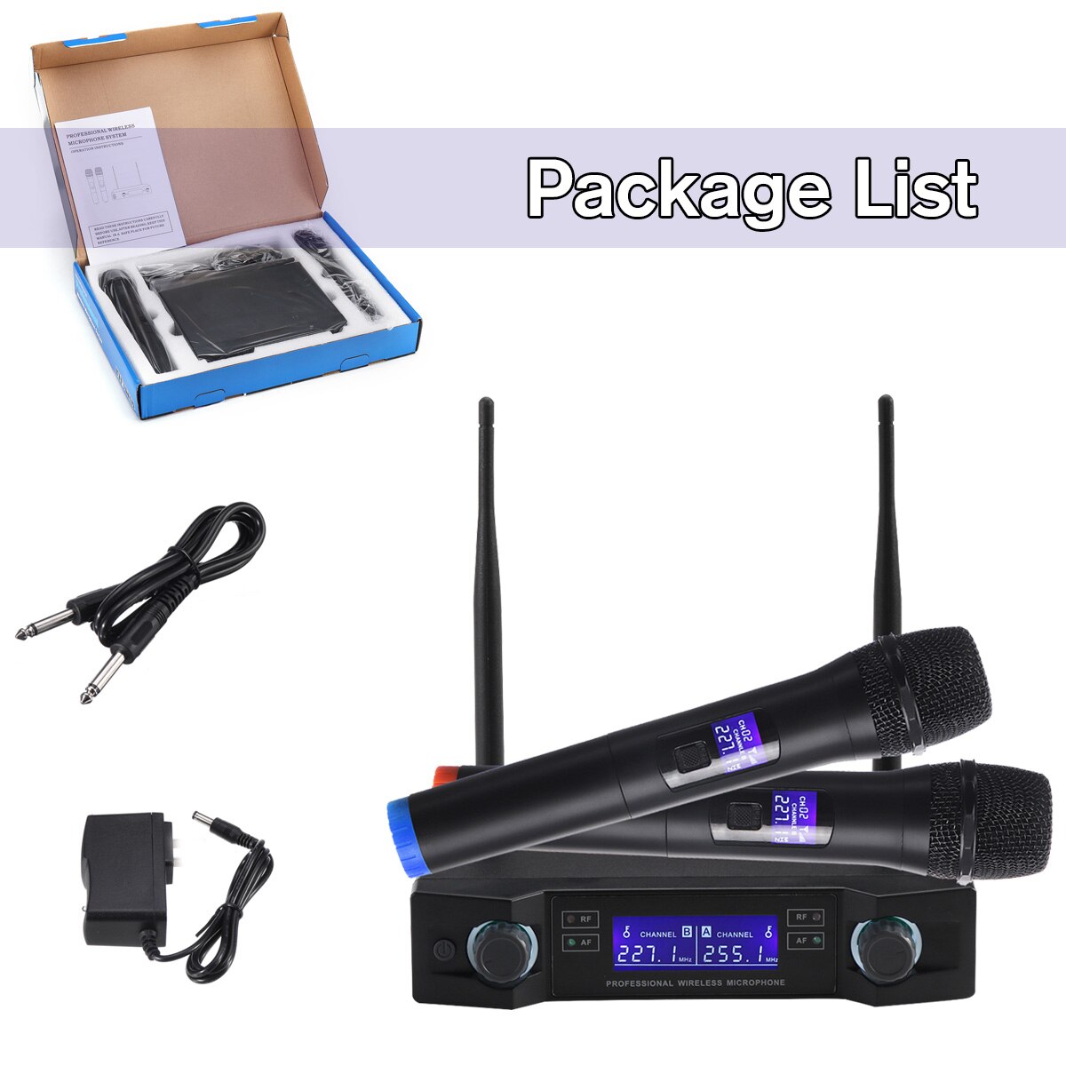 Dual Wireless Microphone System 2 Channel UHF Dynamic Handheld Mic Karaoke Party Stage Performances