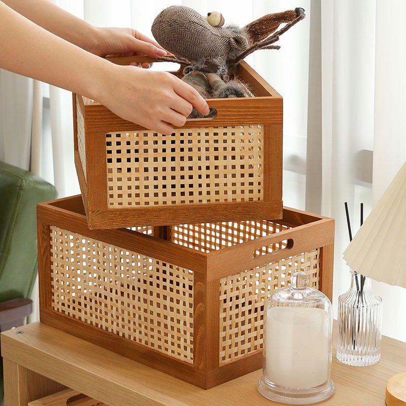Caja de almacenamiento Retro de madera maciza, cesta de mimbre para escritorio, libros, aperitivos, frutas, cosméticos, cajas organizadoras, cesta de cocina para el baño y el hogar