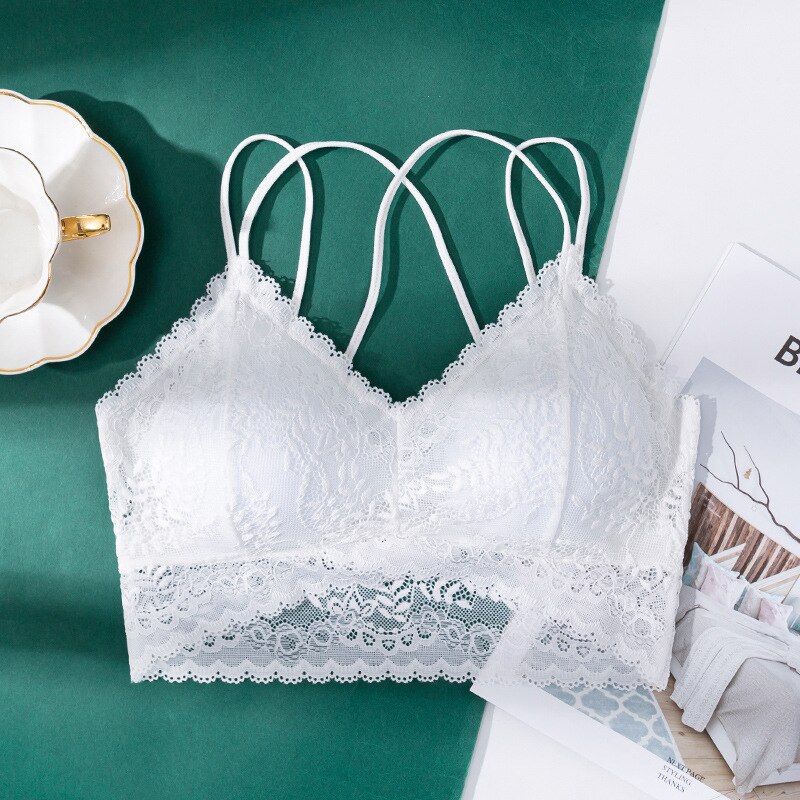 Nyeste blomstrede blonde bh'er til kvinder sexet lingeri dyb v blonde bralette kvindelig brystholder wire fri tyndt undertøj push up bh sort: Hvid