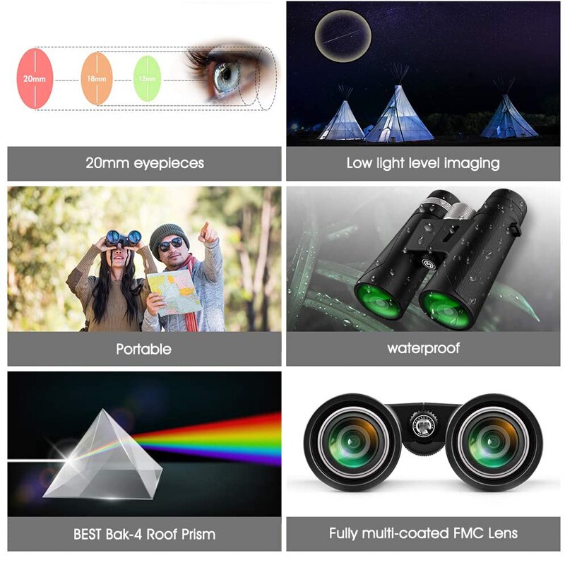 Jumelles d'observation des oiseaux 12X42 haute puissance HD télescope BK4 toit prisme lentilles optiques Super claires pour le voyage et le Camping