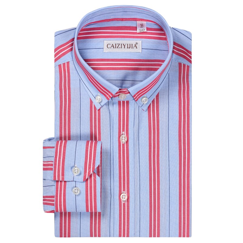 Men's Cotton Striped Button Cuff Dress Shirts Pocket-less Contrast Colors Casual Standard-fit Long Sleeve Shirt
