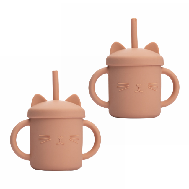 2PCS Baby Feeding Cups Silicone Drinkware Cute Cartoon Cat Sippy Cup For Toddlers Kids Sippy Cup Lids Solid With Handle Drinker: 2PcsKhaki