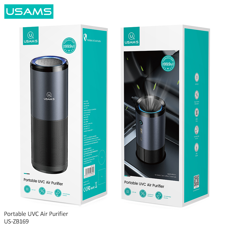 USAMS Portable Car Air Purifier USB Air Cleaner Ultraviolet LED Lamp Air Sterilization Oil Diffuser for Car Home Office