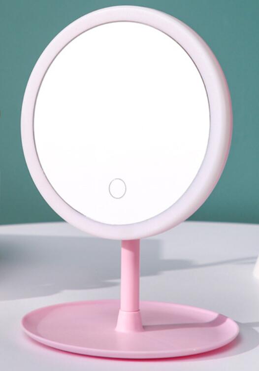 MIROIR DE MAQUILLAGE À LED Avec Lumière dames Maquillage Lampe Avec Rangement de bureau Rotatif Miroir Cosmétique De Forme Ronde Miroirs De Noël: Pink tricolor Led