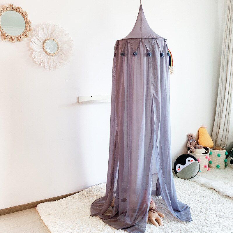 Mosquitera hecha a mano para decoración de dormitorio de niños, cortinas toldo para camas, cúpula colgante redonda con borlas de pompón: Grey Chiffon