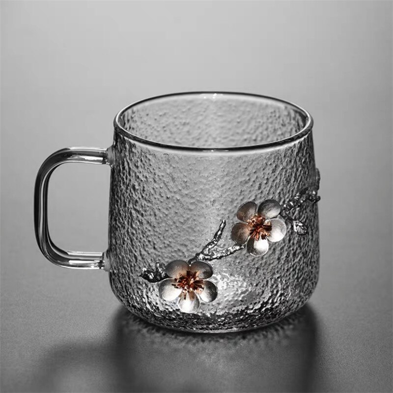 Heat Resistant Glass Coffee Mug with Lid and Spoon Office Silver Inlay Plum Blossom Teacup Transparent Hammer Pattern Milk Cup: C